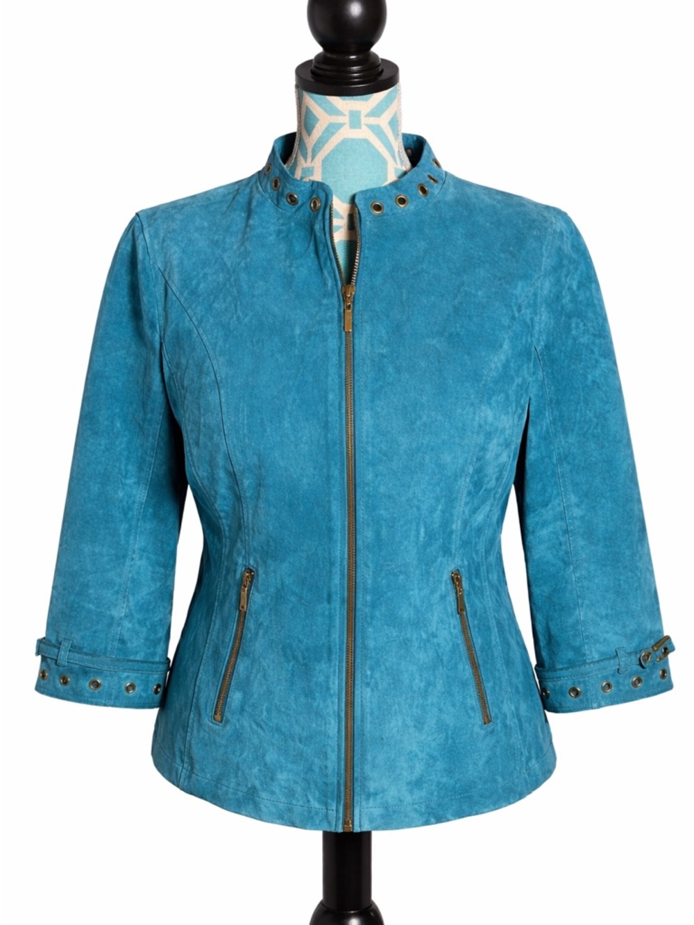 Vintage LAL “Live A Little” Blue Leather Jacket Womens Large Studded Moto Zip